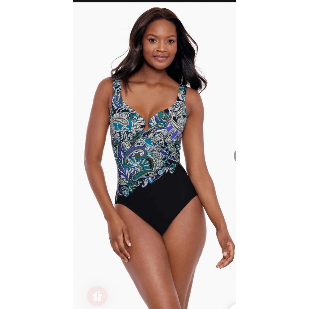 Miraclesuit Precioso Enchant One Piece Swimsuit Paisley Black Blue 6560131 Sz 12